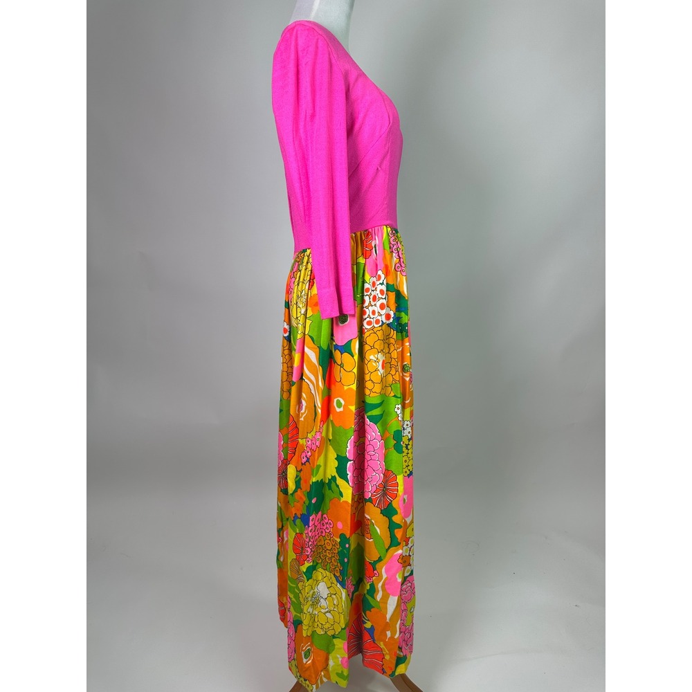 Vintage 1960s Pink Floral Maxi Dress Mod Psychedelic Long Sleeve Retro 60s - Picture 8 of 10